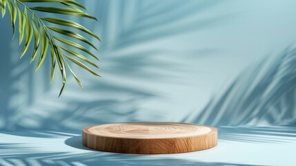 wooden podium on blue wall background with palm branch, shadows of palm leaves and empty place for p