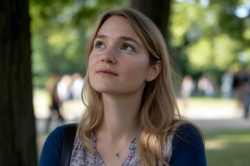 Wall Mural - Young Woman Looking Upward in Park  Hopeful Expression