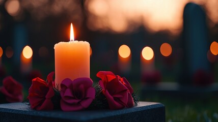 Wall Mural - A Serene Candle Surrounded by Vibrant Red Flowers on a Peaceful Grave Evoking Remembrance and Tranquility in Nature