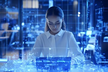 Wall Mural - dynamic digital collage of a focused businesswoman amid modern office settings and futuristic design
