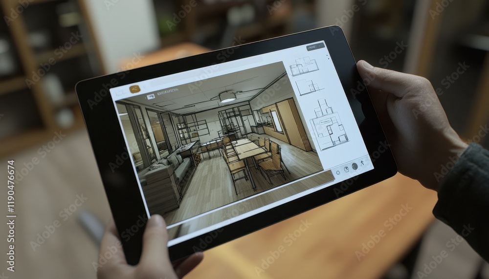 Tablet Displays Digital Interior Design Model And Plans Stock ...