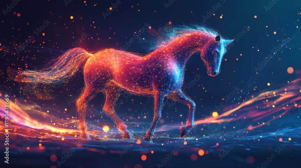 Energetic horse rendered in vibrant particles, glowing trails, and ...