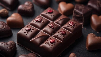 Wall Mural - Assorted heart-shaped chocolates and a chocolate bar decorated with red details on a dark background, seamless looping overlay 4k video.