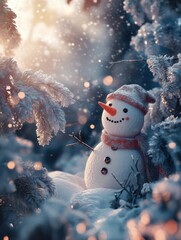 Wall Mural - snowy forest with snowman