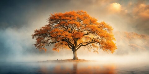 Wall Mural - Serene autumnal scene of a solitary tree on an island, shrouded in mist, reflecting in tranquil water at sunrise