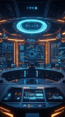 Fototapete - Futuristic control room, monitoring systems, spaceship, digital displays, sci-fi background, tech wallpaper