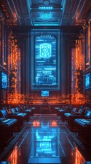 Aufkleber - Futuristic control room; digital display; glowing; technology; background; sci-fi game