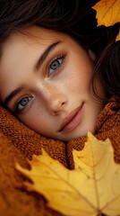 Joyful young woman relaxing among autumn leaves outdoor setting portrait photography natural light serenity concept