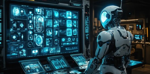 Fototapete - Robot monitoring control panel in futuristic lab