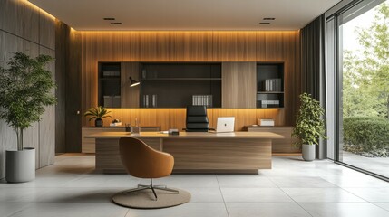 Aufkleber - Modern office, wood desk, garden view, work