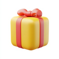 A yellow gift box tied with a red ribbon, 3D style, white background 