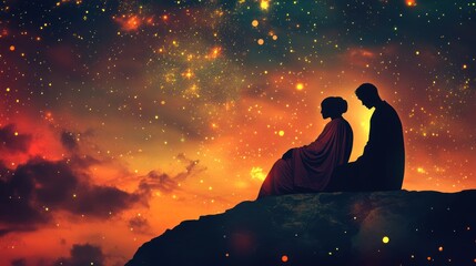 Wall Mural - Silhouetted Couple Under Starry Night: A Romantic Cosmic Artwork