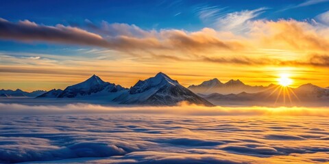 Sticker - Golden Hour Panorama Majestic Snow-Capped Mountains Bathed in Sunset's Glow Above a Sea of Clouds