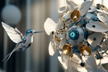 Wall Mural - A robotic hummingbird approaches a complex mechanical sphere. AI.