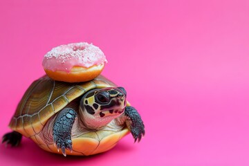 Adorable turtle sporting a colorful donut on its shell against a lively pink background