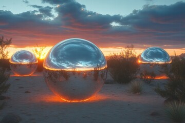 Leinwandbilder - Desert sunset mirrored spheres landscape art