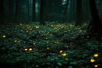 Wall Mural - firefly lights illuminate forest floor path