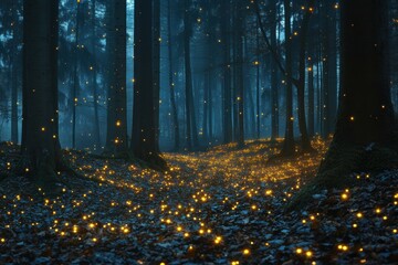Wall Mural - night forest path, fireflies glowing, misty woods, fantasy scene