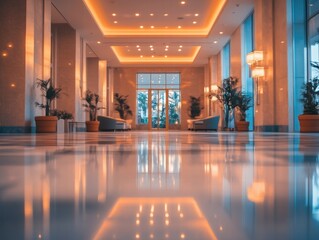 Aufkleber - Luxurious hotel lobby, tranquil, reflective floor, outdoor view