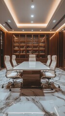 Aufkleber - Modern office meeting room, marble floor, wood library, city view