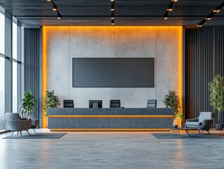Aufkleber - Modern office reception, city view, orange lighting, blank screen