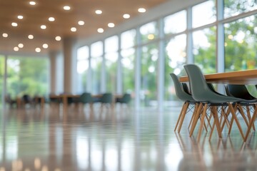 Wall Mural - Modern office interior with frosted windows, wooden table, and warm lighting for a tranquil vibe