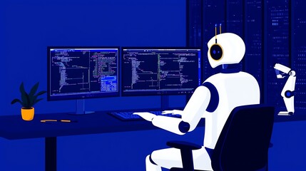 a robot programmer working on dual monitors in a modern tech environment with code displayed