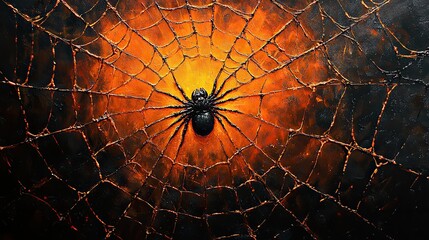 An intricate spiderweb pattern weaves together shades of orange and black
