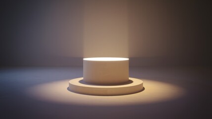 Fototapete - A minimalist beige pedestal illuminated by a spotlight, creating a dramatic and clean presentation space.