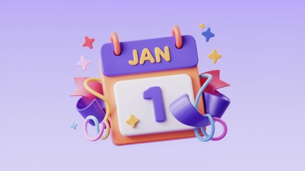 Poster - A 3D rendered illustration of January 1st, decorated with colorful ribbons and stars, celebrating the new year.