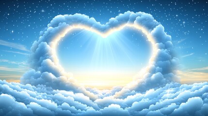 Poster - Heart of Heaven Glowing Heart Formation in a Cloud-Filled Sky, Ideal for Spiritual Designs