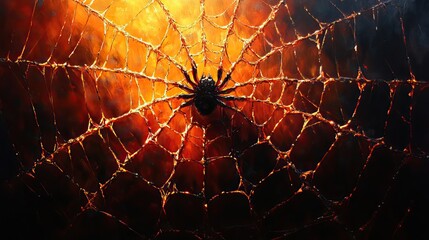 An intricate spiderweb pattern weaves together shades of orange and black