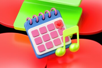 Poster - A 3D rendered image showing a calendar with a love heart and musical notes, symbolizing a memorable event.