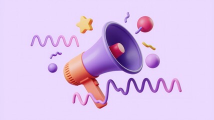 Aufkleber - A 3D rendered illustration of a purple megaphone surrounded by colorful abstract shapes, conveying a message of announcement or promotion.