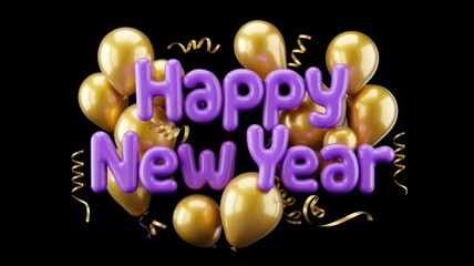 Poster - Happy New Year message with purple balloon letters and golden balloons.