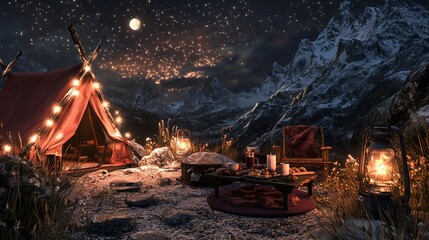 Canvas Print - Romantic mountain campsite at night with lit tent, campfire, and starry sky.