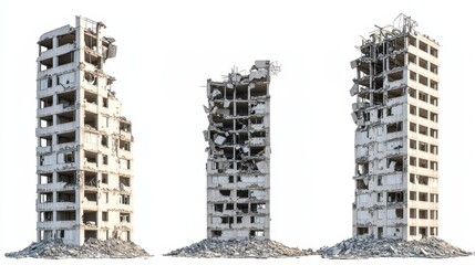 Poster - 3D illustration of ruined skyscrapers buildings in a post-apocalyptic cityscape, showcasing collapsed structures and urban decay isolated on a white background, symbolizing destruction and disaster