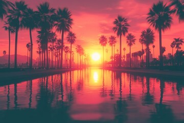 Wall Mural - Palm trees at sunset by water