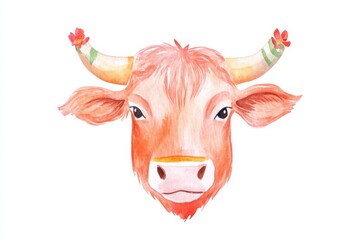 Wall Mural - A vibrant watercolor illustration of a cow's head, featuring a warm color palette and playful horn decorations.