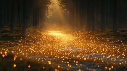 Wall Mural - Magical forest path glowing with fireflies at sunrise.