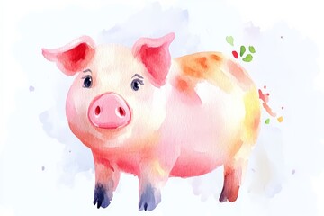 Wall Mural - A colorful watercolor illustration of a cute pig, showcasing its cheerful expression and playful design in soft pastel tones.