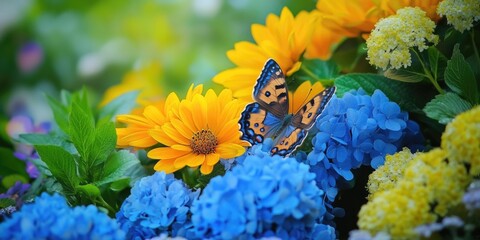 Wall Mural - Butterfly on blue and yellow flower