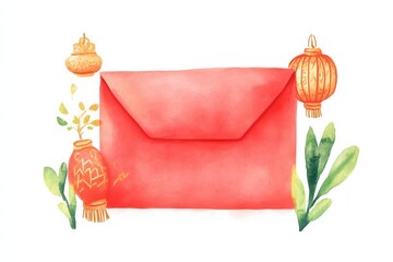 Wall Mural - A vibrant red envelope surrounded by decorative lanterns and plants, symbolizing communication and celebration.