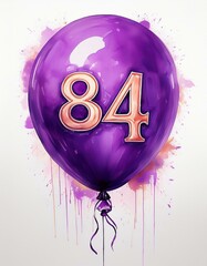 Purple birthday / anniversary party balloon, number 84, watercolor painting with white background