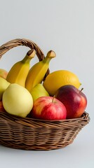 Wall Mural - 30. A close-up shot of a fruit basket containing ripe apples, bananas, and a few lemons against a simple white backdrop