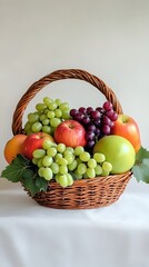 Wall Mural - 47. A beautifully arranged fruit basket filled with kiwis, apples, and grapes, placed on a simple white backdrop