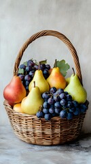 Wall Mural - 59. A rustic woven basket filled with fresh fruit such as pears, apples, and grapes, set on a neutral background