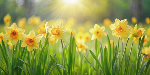 Aufkleber - Photograph of a vibrant field of yellow daffodils in a natural setting in spring. Sunlight filters through the foliage, creating a warm golden glow.