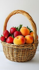 Wall Mural - 61. A small wicker basket containing fresh peaches, apricots, and strawberries, placed on a clean surface