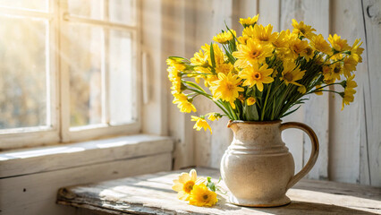 Aufkleber - Rustic natural sprin scene with clay pot with handle and bouquet of bright yellow daffodils. Sunlight streams through wooden framed window.